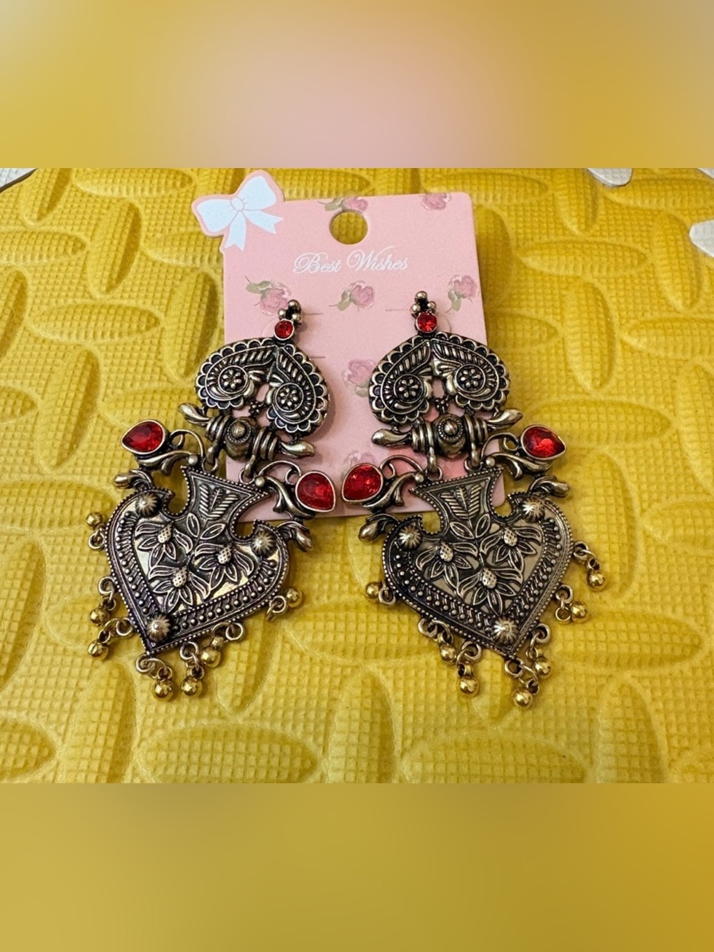 Vintage Gold-Tone Floral Filigree Dangle Earrings with Red Accents -